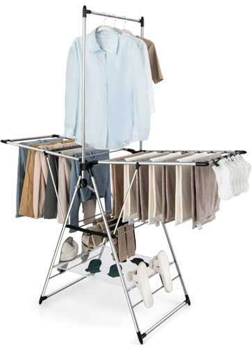 Multigot Clothes Drying Rack, Gullwing Style Folding Clothes Airer with Height-Adjustable Wings and High Hanger, Collapsible Laundry Hanger 3-Tier Aluminum Dryer Hanger for Indoor Outdoor