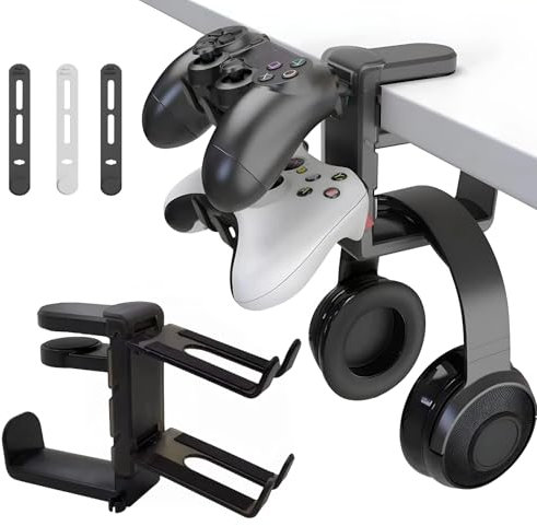 MOKUYOBY 3 in 1 Headphone and Controller Holder, PC Gaming Headphone Hanger, Rotating Headset Stand Under Desk Adjustable Arm Clamp Holder Desk Accessories for Universal Headsets, Controllers (Black)