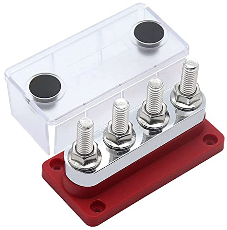Guehroan 600A Sammelschiene 4-Bolzen (3/8) M10 Hochstrom-Kupfer-Sammelschienen-Anschlussblock Marine DC 12V 24V 48V mit Abdeckung (Rot)
