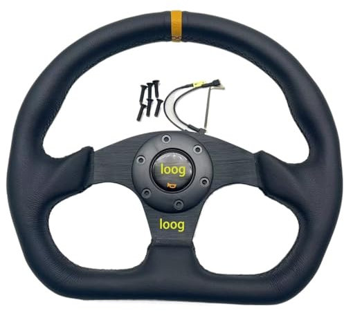 Für OMP D Typ 13 Zoll 320 mm Sportlenkrad Echtleder-Lenkrad Handnähen rote Linie flaches Rennlenkrad (Farbe: schwarze Linie)