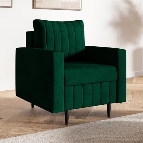 MOTIVENA Leo Sofa Sessel Wohnzimmer Modern, Ohrensessel, Loungesessel Wohnzimmer, Clubsessel, Couch Sessel, Polstersessel, Sofa Chair, Einzelsofa, Bonellfederkern (H4), Samt Grün