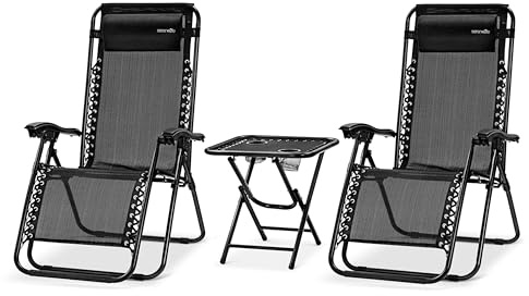 SereneLife sillas reclinables de Exterior, Set de 2, Tumbonas de Malla de Acero, con Almohada Desmontable, Portavasos, Plegables, Ajustables, Portatiles, Zero Gravity, Camping, Patio, Piscina o Playa