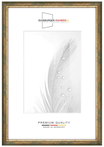Massiv Holz Bilderrahmen 24 x 34 cm in Grün Gold | inkl. bruchsicherer Anti-Reflex Kunstglasscheibe | Rahmen für Poster | Puzzle | Foto collage DR067