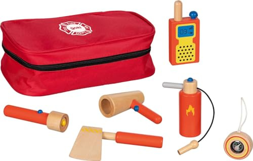 goki 51474 – Bolsa de Bomberos Madera, Juego Completo con Figuras, Juguete de Madera sostenible, 7 Piezas, para niños a Partir de 3 años