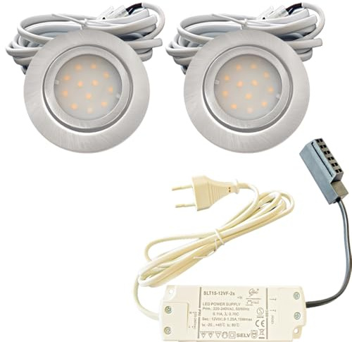 2x IP44 LED Einbauspots 12V, flach, 2,4W, 200lm, Edelstahl gebürstet, inkl. LED-Trafo, 230V Zuleitung mit Stecker, AMP Verteiler, Neutralweiß 4000K, Lochdurchmesser 54-60mm, Plug and Play.