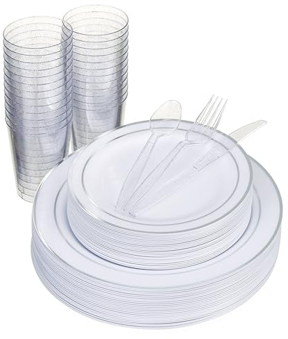 MATANA 300 Pcs Reusable White & Silver Plastic Dinnerware Set for 50 Guests - Dinner Plates, Dessert Plates, 10oz Silver Glitter Cups & Cutlery for Weddings, Birthdays, Christmas & Parties