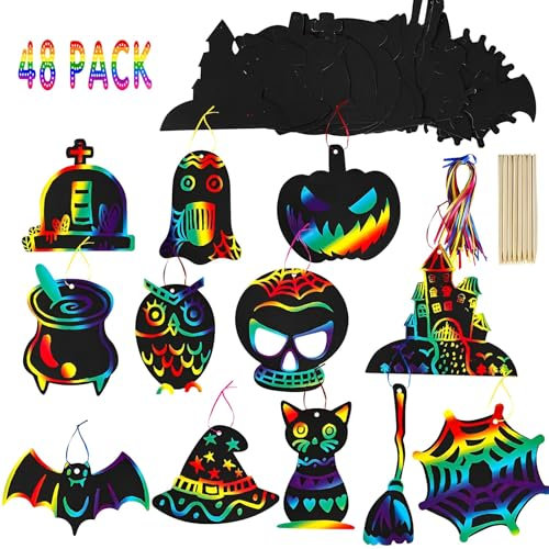 Scinzene 120 Stück Halloween Basteln Set, Halloween Deko Kinder Kratzpapier, Halloween Kinder, Fledermaus Deko, Basteln Halloween, Halloween Deko Kinderparty, Für Jungen Mädchen Halloween