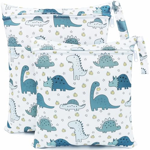 FenFang Wet Bag, 2 PCS Wet Dry Bags for Cloth Diapers Nappy Daycare Organiser Storage Bags, Waterproof Washable Reusable Zipper Bag (White Dino)