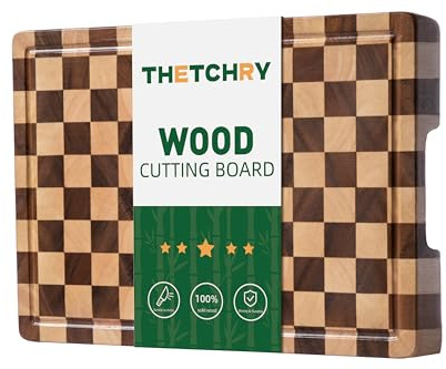 THETCHRY Cutting Boards for Kitchen, Checkered Cutting Board End Grain, Acacia Wooden Chopping Board with Juice Groove & Handle, Serving Tray for Meat, Bread & Fruit, 14L x 11W x 0.8Th