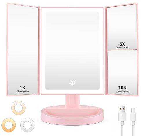 Auxmir Schminkspiegel mit Beleuchtung, Trifold 10X/5X/1X Vergrößerung Rosa | 68 LEDs Touch Dimmbar, 3 Lichtfarben, USB Aufladbar, Klappbar Spiegel mit Schmuckablage für Makeup, Hautpflege, Reisen