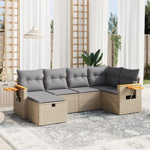 Xichuzi 6-TLG. Garten-Sofagarnitur mit Kissen Beige Poly Rattan, Lounge Gartenmöbel Set, Möbelsets, Balkon Möbel, Gartenlounge, Gartensofa - 3265518