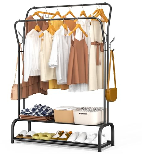 VOUNOT® Kleiderständer, Kleiderstange Doppelt, Garderobenständer Metall mit 2-lagigem Schuhregal und 4 seitlichen Haken, Stabil, Schwerlast, für Schlafzimmer Flur Ankleidezimmer, 110x35x146cm, Schwarz