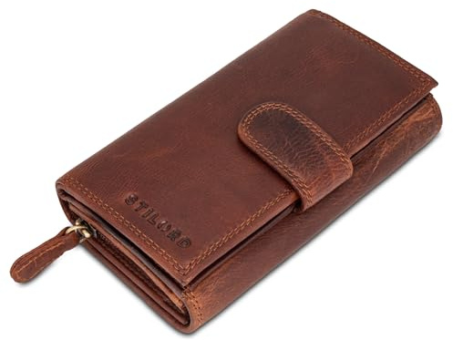 STILORD 'Elisa' Geldbörse Damen Cognac Leder Groß viele Fächer mit Reißverschluss Portemonnaie Damen RFID-Schutz Frauen Geldbeutel extra Münzfach im Hochformat Echt-Leder
