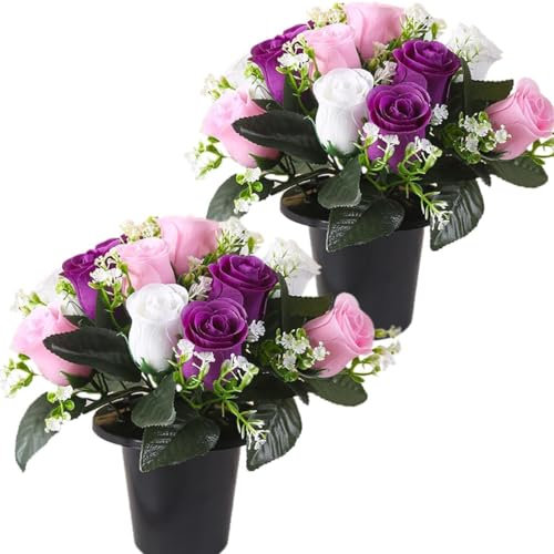 JUTTAUTO 2 flores artificiales para tumbas en maceta, 12 cabezas de seda, ramo floral de cementerio funerario con jarrón para conmemoración al aire libre, adornos florales decorativos para tumbas,