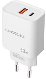 NANOCABLE 10.10.2011 - Cargador USB-C PD y USB-A QC 30W, Doble Puerto para Carga Rápida, Compacto y Compatible, Color Blanco