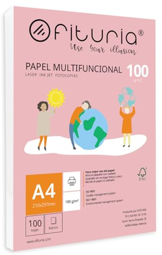 Packung mit 100 weißen DIN A4 Blättern, 100g Druckerpapier. Multifunktionales Kopierpapier für Schule und Büro. Ideal für Laserdrucker, Tintenstrahldrucker oder Kopierer – Ofituria