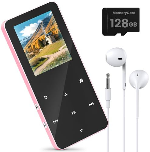 Lecteur MP3 Bluetooth 128 Go – Lecteur MP3 MP4 avec haut-parleur et casque, lecteur de musique avec fente pour carte TF, appareil pour livre audio, écran couleur 1,8, radio FM, vidéo, e-book