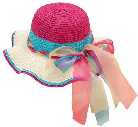FOSDICK Ragazze Cappello di Paglia, Cappello Paglia per Bambini con Decorazione A Fiocco, A Tesa Larga Cappelli da Sole, Cappelli da Spiaggia Vacanza Cappellino Traspirante Outdoor