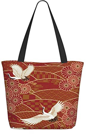 Hgbbdyyjj Two Cranes Chrysanthemums Extra Large Zippered Tote Bag - Durable Polyester Shopping & Beach Bag With Hidden Pocket