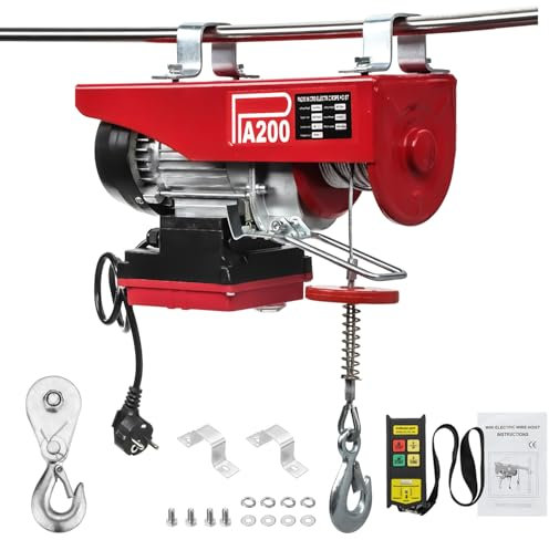 ISINEVER Palan électrique de 100 kg à 200 kg avec interrupteur d'arrêt d'urgence – 220 V Treuil de levage 12 m pour atelier, garage, entrepôt et chantier avec télécommande sans fil et crochet