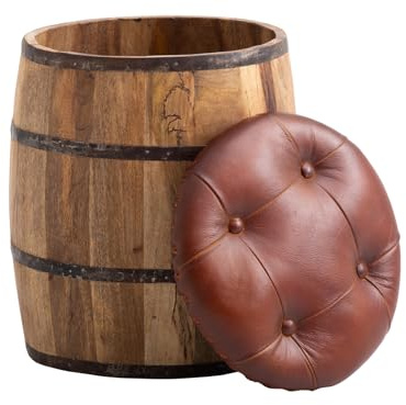 Woodkings Sitzhocker Barrel Stow mit Stauraum 37x47x37 cm, Fass Hocker aus Holz mit Kunstleder Braun, Gepolsterter Truhenhocker für Wohnzimmer Schlafzimmer Flur, Rustikales Design