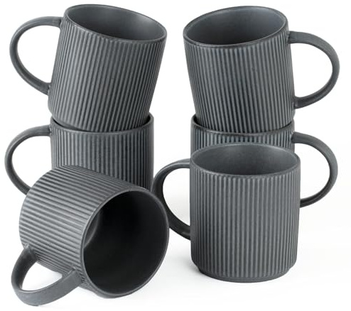 Richmount Star Kaffeetassen 6er Set, 355 ml (12 oz) Tassen, Matt Schwarz | Becher mit Henkel für Kaffee, Tee, Kakao, Milch - Keramik-Steingut Trinkset, spülmaschinen- & mikrowellengeeignet