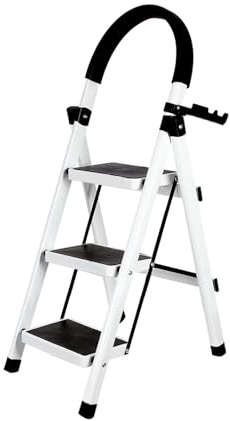 Escabeau Pliable 3 Marches avec Plateau à Outils et Mains Courantes, Échelle Domestique pour Maison Cuisine Garde-Manger Placards Bureau, Intérieur Extérieur (Blanc)