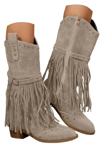 Xbemkste Stivali da donna con tacco e cerniera, eleganti, con frange, medio, da cowboy, a mezza gamba, da donna, per autunno e inverno