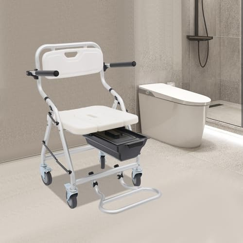 Tabouret de douche pliable avec roulettes, fauteuil roulant, avec siège pour toilettes, charge maximale de 150 kg, 4 roulettes avec freins, alliage d'aluminium, étanche, pour personnes âgées et à