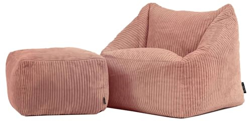 Icon Natalia Sitzsack Kinder mit Hocker, Rosa, Flauschiger Cord Stoff, Sitzsack Cord mit Füllung, Bequemer Kinder Sessel, Kuschelsessel, Lese Sessel, Schlafzimmer, Kinderzimmer, Spielzimmer