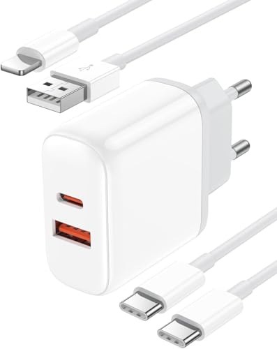 Cargador Carga Rapida iPhone, 20W USB C Enchufe Rapido 2 Puertos con 2M USB C Cable + 2M A-L Cable Compatible with iPhone 17/16/15/14/13/12/11/XS MAX/iPad Pro/Air, Samsung Galaxy S25/S24/S23/S22/S21