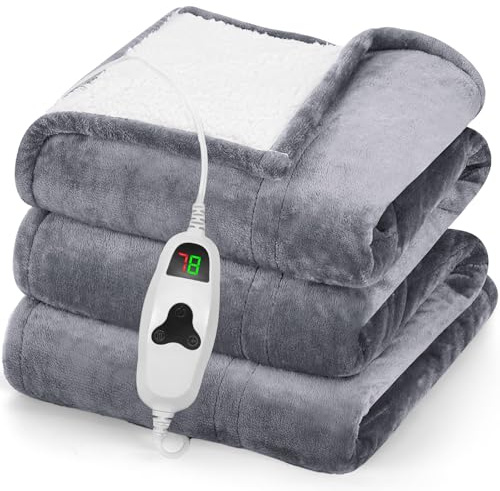 greenoak Heated Blanket Electric Throw 50X60, Heating Blanket with 10 Heat Levels 1/2/4/6/8 Hours Auto-Off,Flannel Soft Sherpa Blanket,Gifts for Grandma Mom Elders, Misty Grey