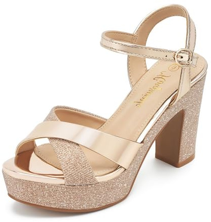 hingswink Womens Sparkly Platform Dress Sandals for Women Chunky Block Heel 3.8 Inch High Heels Open Toe with Strap for Women Comfortable Sexy Dressy Prom Wedding Party Evening Shoes,Gold5.5