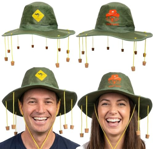 Australia Cork Hat Pack of 2 – Green Hats with Hanging Corks, One Kangaroo Print and One Koala Print – Australian Fancy Dress Costume Accessory for Australia Day, Parties, Festivals