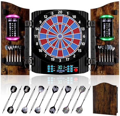 Yirinatek Elektronische Dartscheibe mit Rustikalen Holztürenschrank [12 Bronze Soft-Tip Pfeile], 8-Farben LED Punktanzeige für 8 Spieler, Dart Scheibe Profi für Zuhause & Bar [Vintage]