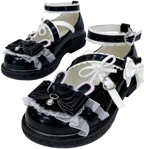 Jemnpela Mary Jane-skor för kvinnor, Lolita, JK, platta skor med rosett, spets, rund tå-spänne, söt Kawaii vardagliga pumpar för dejter, bröllop, cosplay, skola, resefest