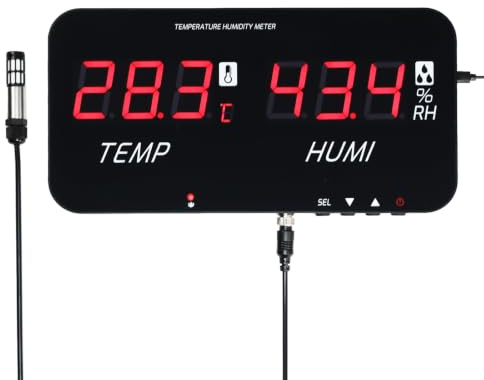 Termómetro higrómetro digital con pantalla LED grande, monitor de temperatura y humedad interior, alarma audible y visual ajustable, sonda integrada, conmutable a °C/°F, para el hogar, almacén