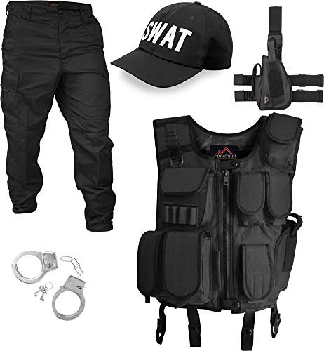 normani SWAT/Security/Police Kostüm bestehend aus Weste, Hose, Pistolenholster, Cap und Handschellen (S-5XL) Farbe SWAT Größe L