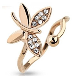 Bungsa Roségoldener Mittelring Schmetterling mit Stein Kristall Zirkonia Zehenring biegbar für Damen (Zehring Fussschmuck Fussring Toe-Ring Nail Ring Mittelring Nagelring biegbar verstellbar)