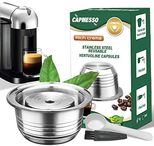 CAPMESSO Capsules De Café Réutilisables En Acier Inoxydable Pour Espresso Nespresso Rechargeable Vertuo Capsule Pod Vertuoline GCA1 Et Delonghi ENV135 8OZ - Nouvelle Version (Grande) - Argenté