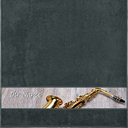 Manutextur Duschtuch mit Namen - personalisiert - Motiv Saxophon - viele Farben & Musik-Motive - Dusch-Handtuch - anthrazit - Größe 70x140 cm - persönliches Geschenk mit Wunsch-Motiv und Wunsch-Name