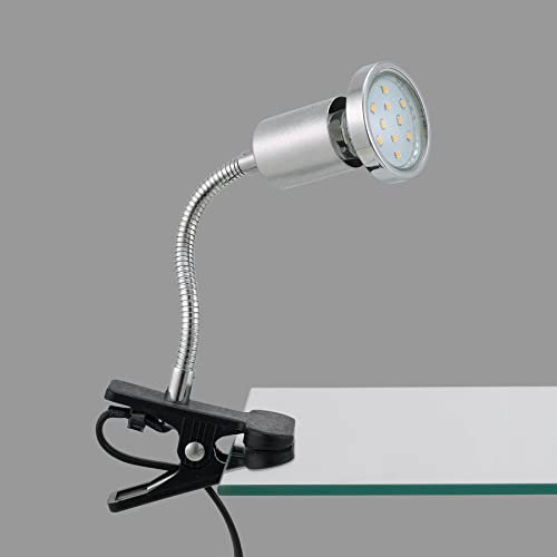 Trango 2967 LED-Klemmleuchte *EASY* Tischlampe, Leseleuchte, Clip Lampe in Silber-Chrom-Optik Klemmspot, Nachtlicht, Schreibtischlampe inkl. 1x GU10 3000K warmweiß LED-Leuchtmittel & Deko Chrom-Ring
