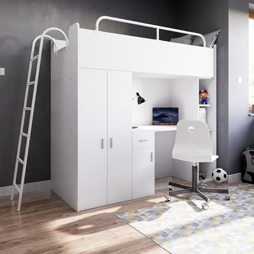 Marlux-Meble Hochbett Kinderbett JSM-4 80x190 mit Kleiderschrank Schreibtisch und Leiter Matt Kinderbetten Funktionsbett Etagenbett Stockbett Kinderhochbett Jugendhochbett (Weiß Matt)