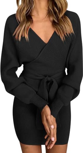 Vancavoo Strickkleid Damen Pulloverkleid V-Ausschnitt Elegant Langarm Pullover Winterkleid Strickpullover Kleid Bodycon Minikleid Sexy Rückenfrei Tunika Kleid Mit Gürtel für Herbst Winter,Schwarz XL