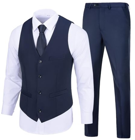 SISAVE Men's Suit 2 Pieces Slim Fit Dress Vest and Pants Trousers Set Prom Suits for Mens Formal Wedding Party Tuxedo, Navy Blue, S