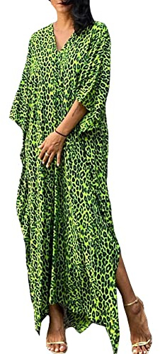 FSMO Elegant strandponcho med etniskt tryck för kvinnor, lös kaftanklänning med smock, somrig maxiklänning, Grön leopard, En Storlek