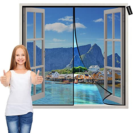Fly Screens for Windows UK Black 115x185cm Fly Screen Mosquito Magnetic Window Screen with Self-Adhesive Tape Washable for Living Room,Room Window