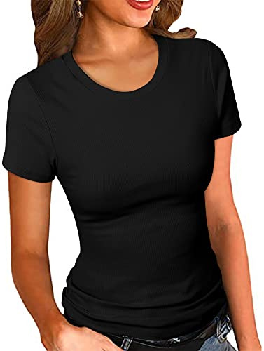 PALINDA Women's Crew Neck Ribbed Fitted Shirt Basic Short Sleeves Summer T Shirt Tops(Black L)