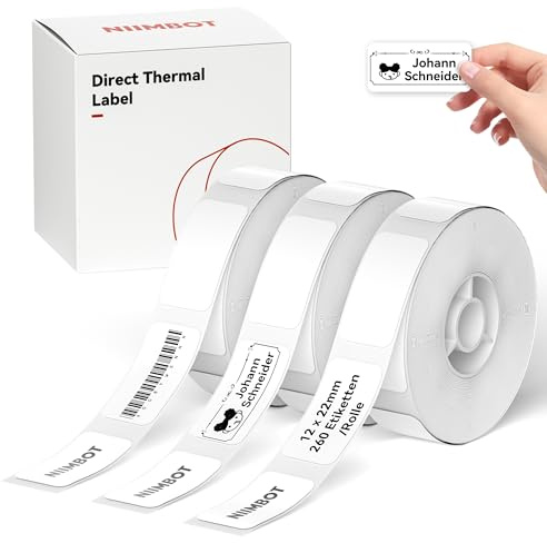 NIIMBOT Thermo Etiketten Selbstklebend, 12 x 22mm Etikettendrucker Thermopapier Kompatibel mit dem D110 D11 D101 Etikettendrucker, 260 Etiketten/Rolle (3-Rollen-Pack, Weiß)