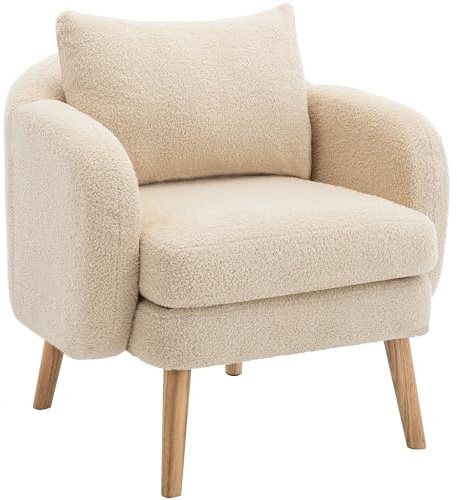 Merax Sessel Teddy-Samt Ohrensessel mit Kissen Loungesessel mit Armlehnen modern Holzbeine Einzelsofa Relaxsessel Polstersessel für Wohnzimmer/Lesezimmer, Beige